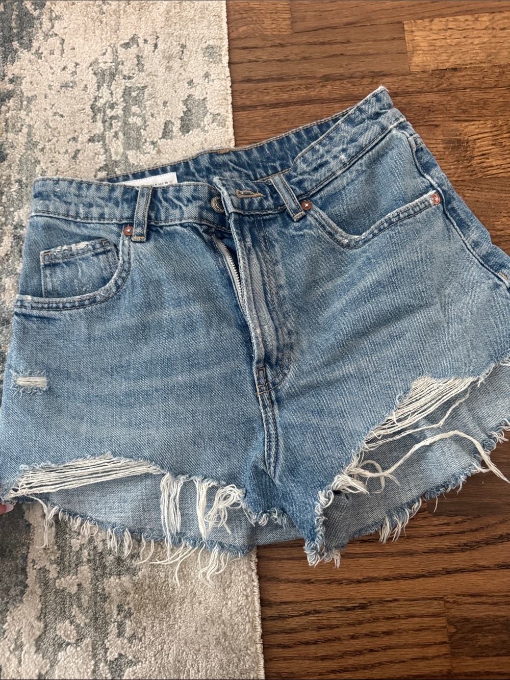 Zara Light Blue Distressed High-Rise Denim Shorts